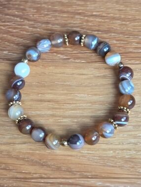 Brown Striped Agate Beads Bracelet, Hand Crafted, Stretch